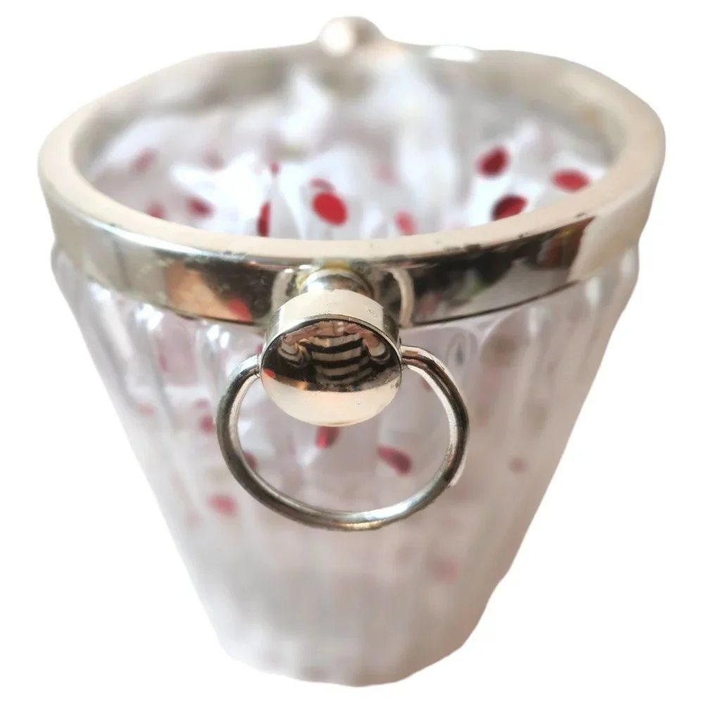 MCM Crystal Ice Bucket Ribbed Glass Silverplate Rim Ring Handles Champagne